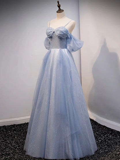 Glitter A-Line Princess Off Shoulder Tulle Gray Blue Long Prom Dress