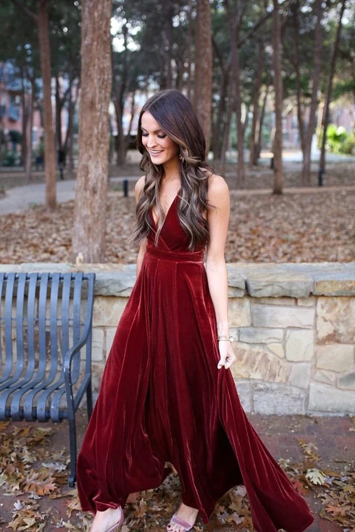 Elegant A-Line Halter Backless Burgundy Velvet Long Bridesmaid Dresses Prom Gown