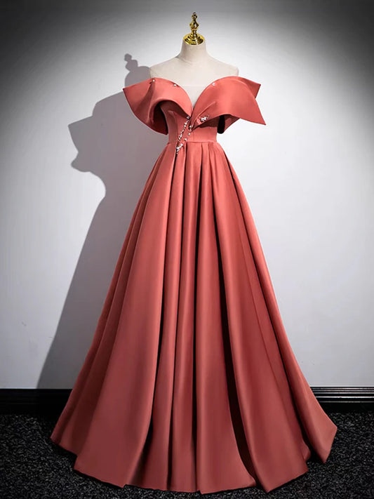 A-Line Ballgown Off Shoulder Satin Long Prom Dress Formal Dress