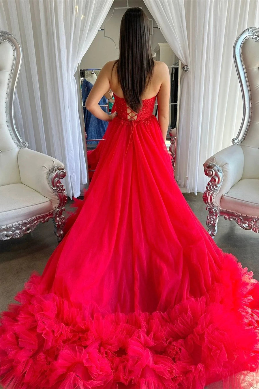 Red Tulle Appliques Sweetheart Ruffle Long Prom Dress