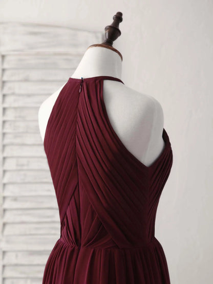 Simple A-Line Burgundy Chiffon Long Prom Dress Halterneck Evening Dress