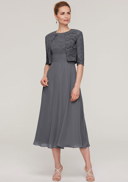 A-line/Princess Scoop Neck Sleeveless Tea-Length Chiffon Mother of the Bride Dress With Lace Jacket