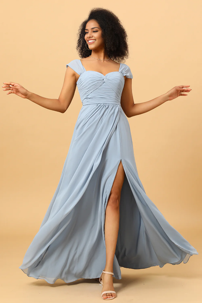 Off Shoulder Chiffon Blue Long Dress Bridesmaid Dress with Slit