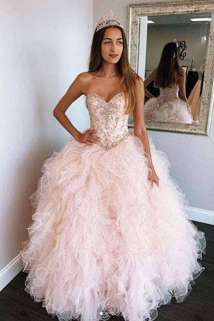 Pink Sweetheart Sleeveless Quinceanera Dresses Tulle Prom Dresses Ballgown&nbsp;