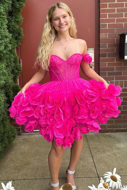 A-Line Off the Shoulder Pink Satin Homecoming Dresses with Flowers