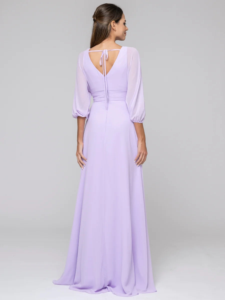 Koutun 3/4 Lantern Sleeve V Neck Chiffon A Line Bridesmaid Dresses