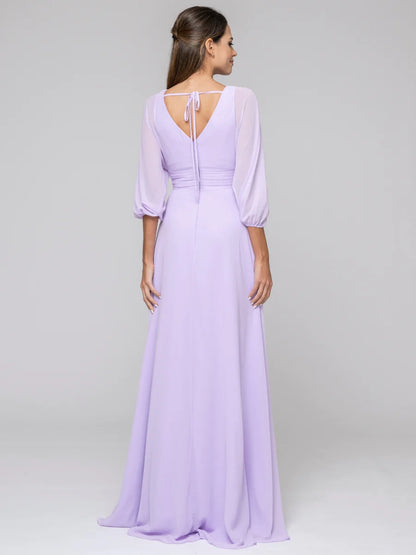 Koutun 3/4 Lantern Sleeve V Neck Chiffon A Line Bridesmaid Dresses