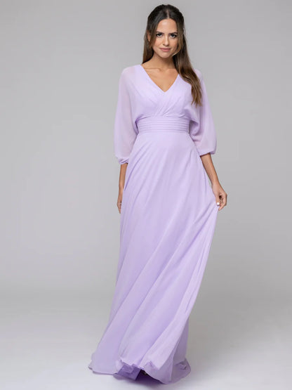 Koutun 3/4 Lantern Sleeve V Neck Chiffon A Line Bridesmaid Dresses