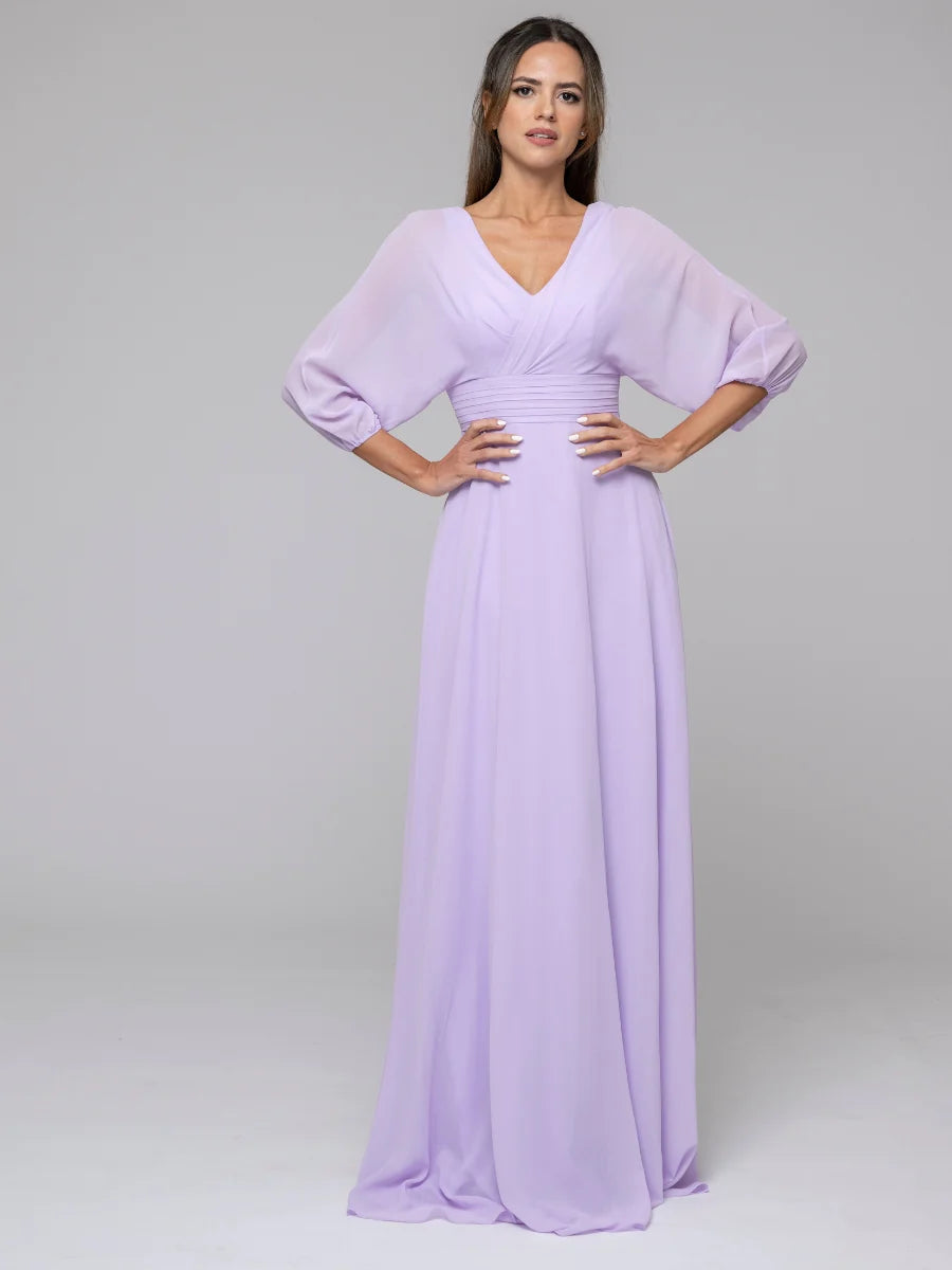 Koutun 3/4 Lantern Sleeve V Neck Chiffon A Line Bridesmaid Dresses