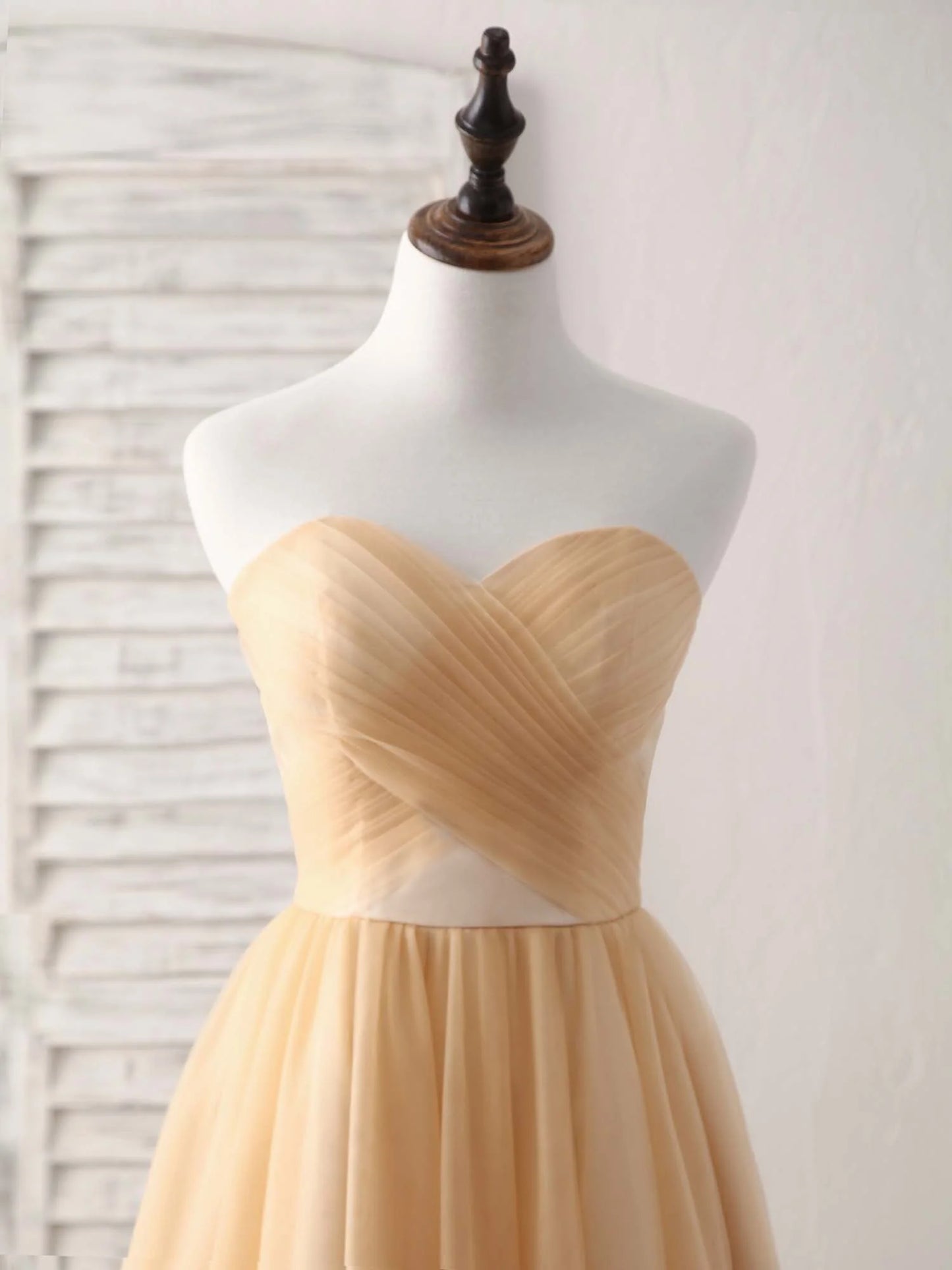 Simple Tulle Champagne Sweetheart Prom Dress Tulle Strapless Bridesmaid Dress