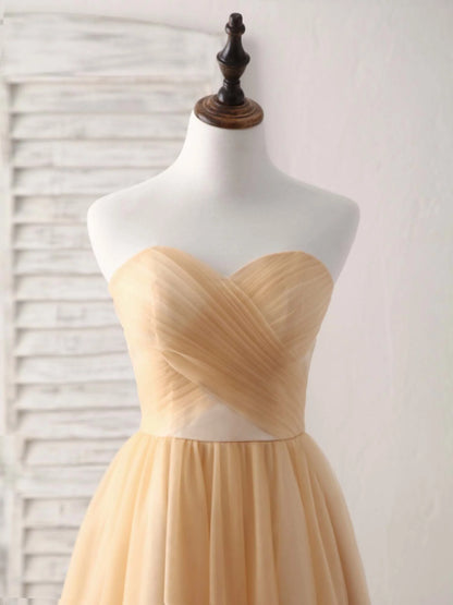 Simple Tulle Champagne Sweetheart Prom Dress Tulle Strapless Bridesmaid Dress