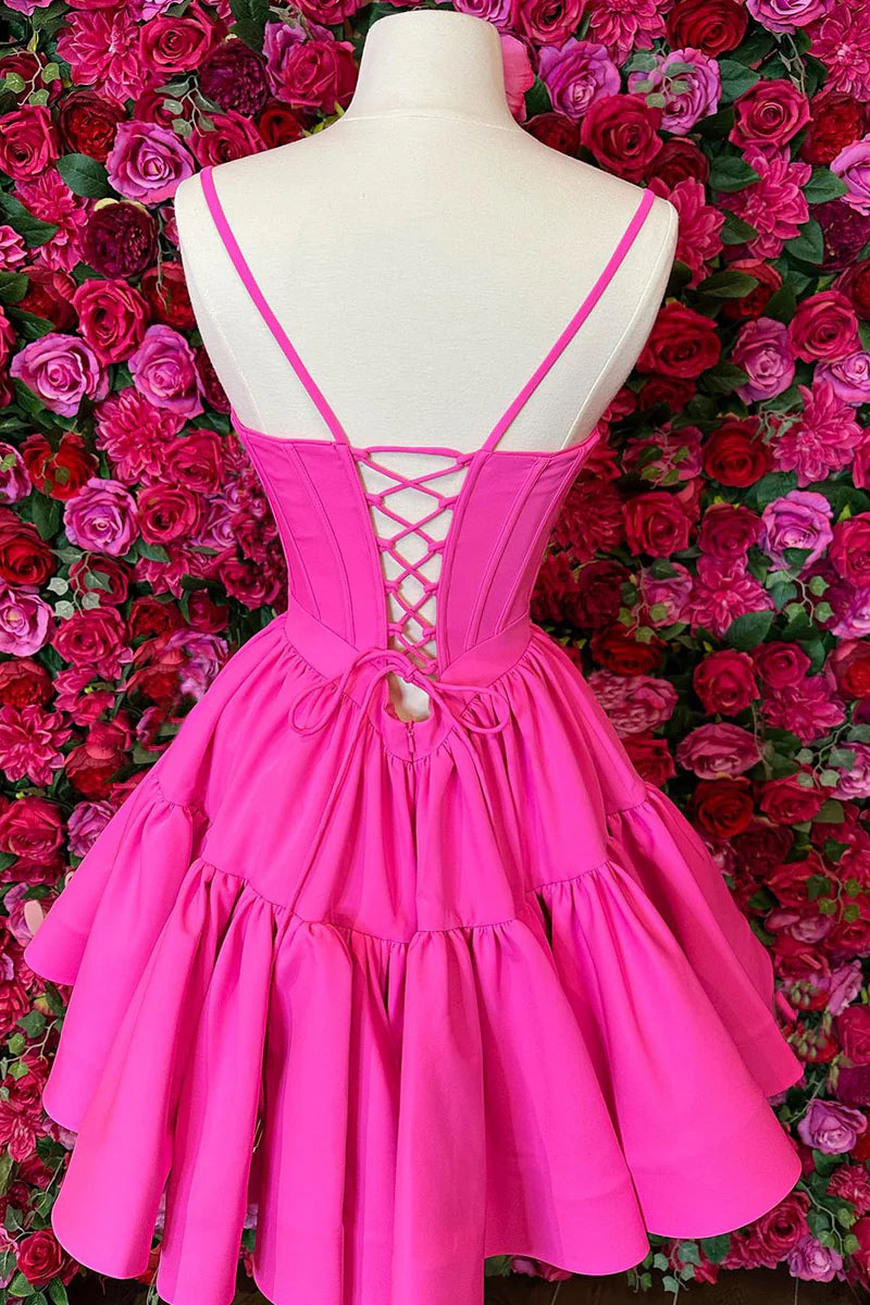 Hot Pink A-line Ruffled Lace-Up Homecoming Dress