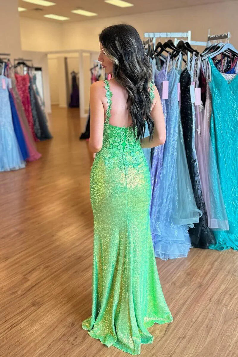 Cute Mermaid V Neck Green Sequin Mermaid Long Prom Dresses with Appliques