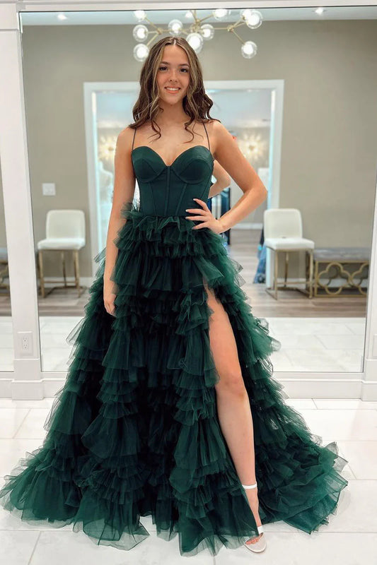 Dark Green Sweetheart Ruffle Tiered Tulle Long Prom Dresses with Slit