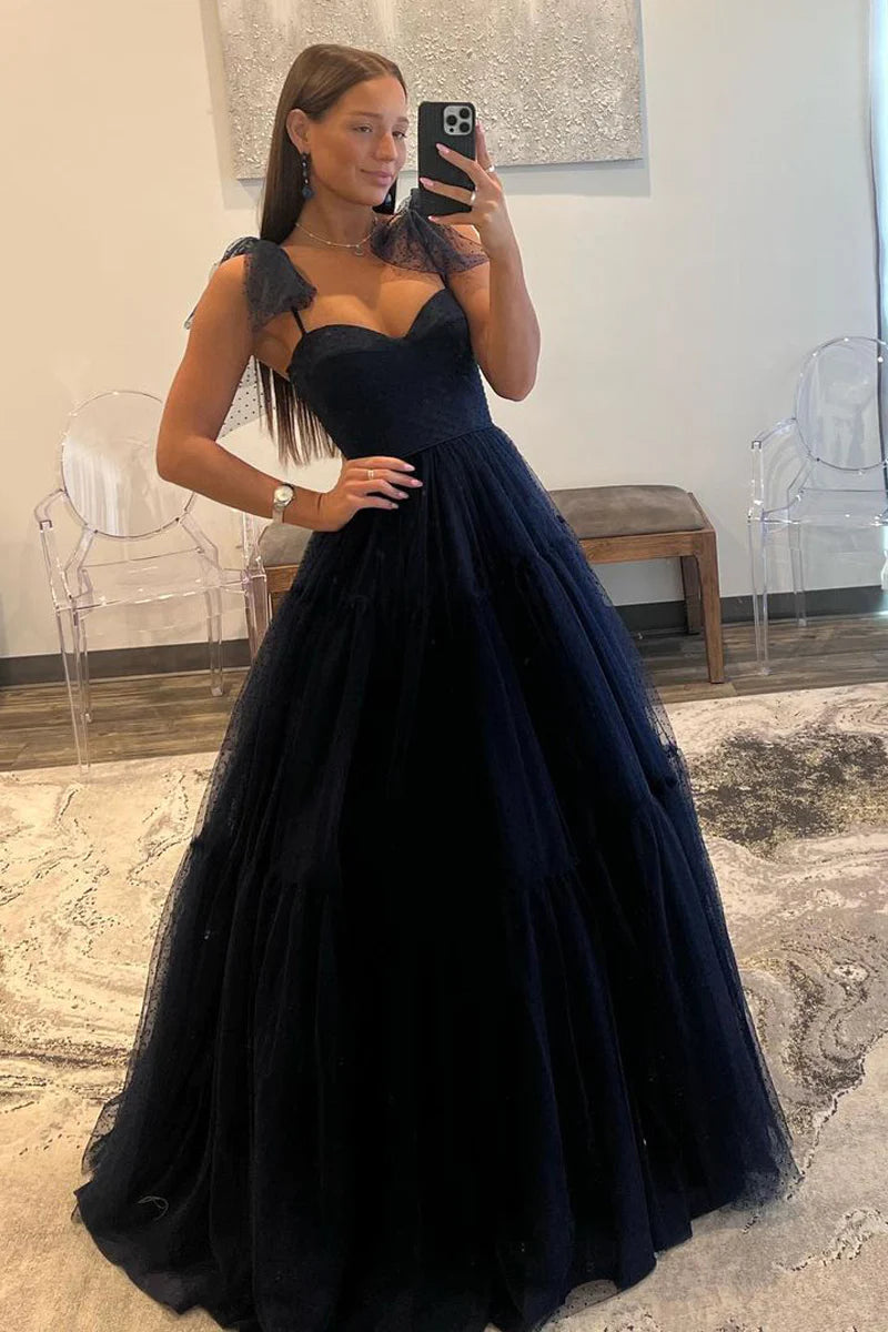 Sweetheart Navy Blue Tulle Long Prom Dress