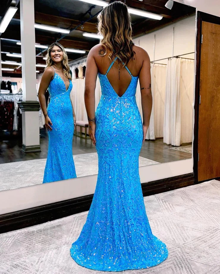 Charming Mermaid V Neck Blue Sequins Long Prom Dresses