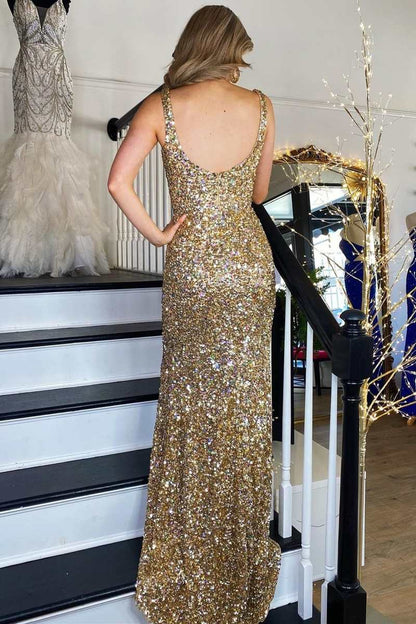 Gold Sequin Square Neck Backless Mermaid Long Formal Dress with Slit