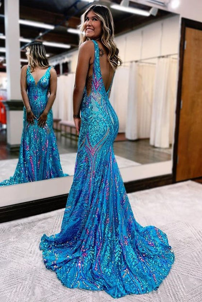 Mermaid V Neck Blue Sequin Lace Long Prom Dresses