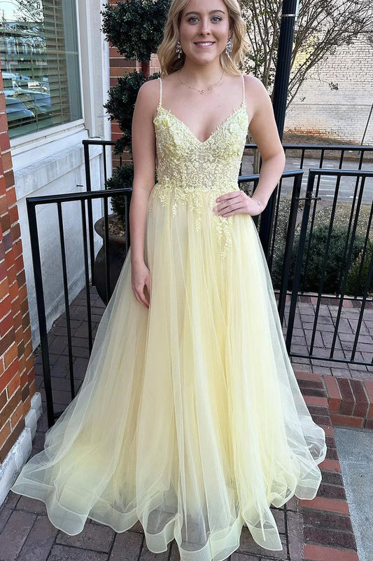 Yellow V Neck Tulle Long Prom Dresses with Appliques