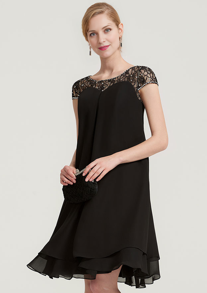 A-line/Princess Bateau Short Sleeve Knee-Length Chiffon Mother of the Bride Dress With Beading Ruffles