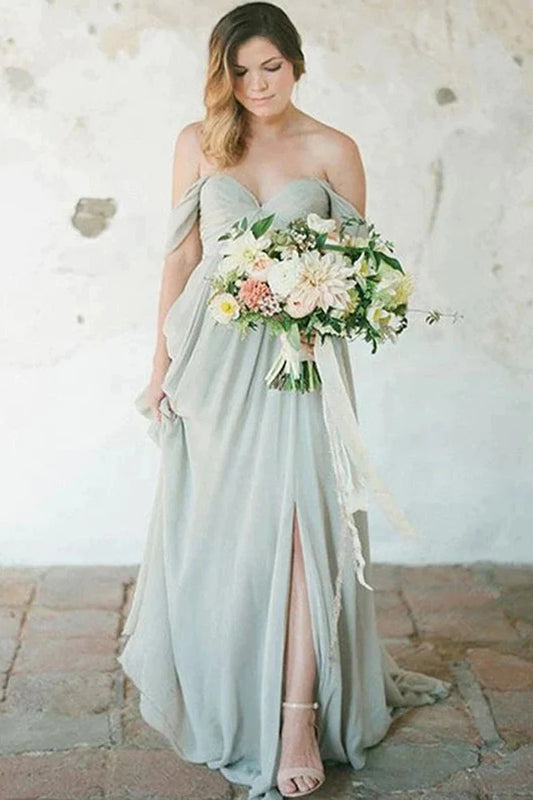 Simple A-Line Off the Shoulder Chiffon Long Bridesmaid Dresses with Split
