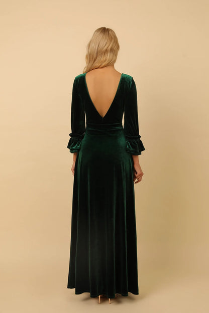 Emerald Velvet Formal Bridesmaid Dress Wedding Guest Dress Low Back V-neck Dress Evening Dress