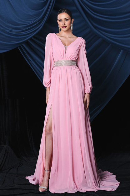 Pink Chiffon Long Sleeves Formal Prom Dress With Slit