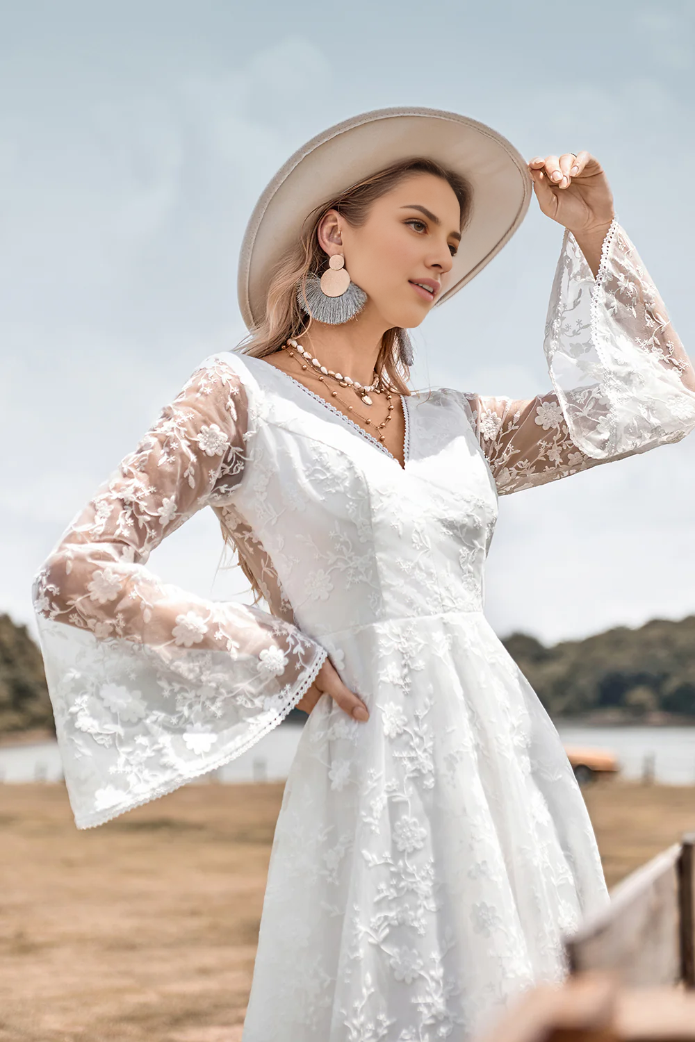 Beauty A Line V Neck Ivory Lace Flare Sleeves Wedding Dress