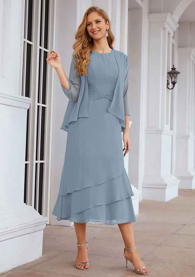 A-line Bateau Tea-Length Chiffon Mother of the Bride Dress With Pleated and Jacket