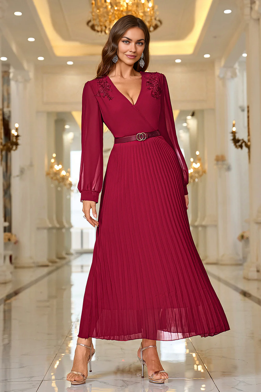 A Line V Neck Pleated Appliques Belted Formal Prom Dress with Long Sleeves