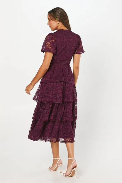 Plum A-Line Tiered Lace Dress With Flutter Sleeve & Trims Wedding Guest Party Dresses