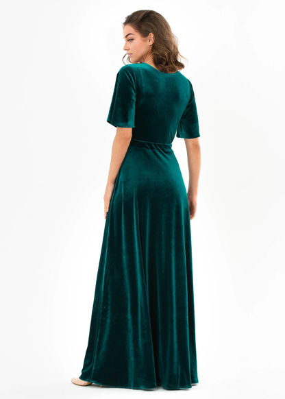 Teal Green Long Dress Bridesmaid Velvet Wedding Guest Dress Slit Wrap Dress