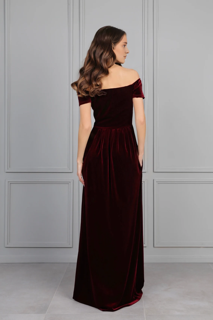 Burgundy Velvet Bridesmaid Dress Off The Shoulder Wedding Guest Dress Evening Dress