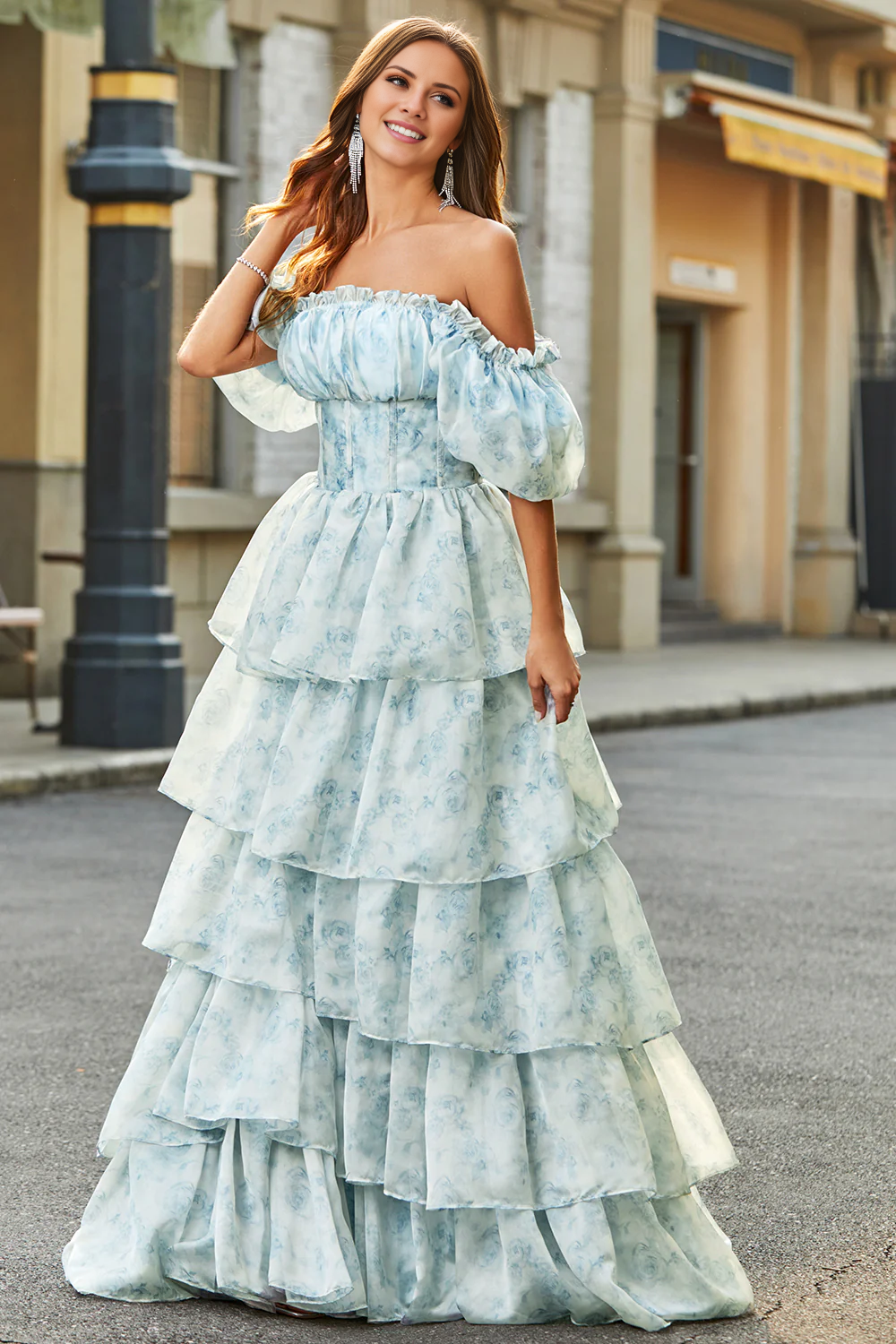 A Line Square Neck Light Blue Tiered Floral Long Prom Dress with Ruffles