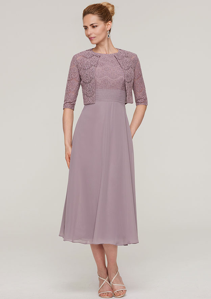 A-line/Princess Scoop Neck Sleeveless Tea-Length Chiffon Mother of the Bride Dress With Lace Jacket