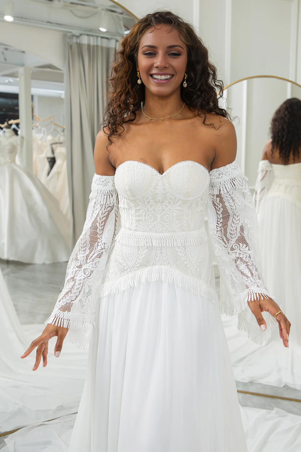 Ivory Sweetheart Detachable Flare Sleeves Boho Wedding Dress