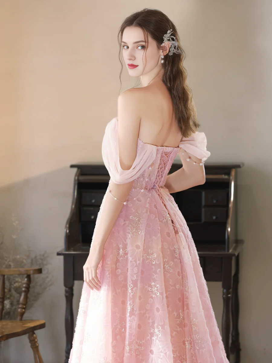 A-Line Tulle Lace Off Shoulder Pink Long Prom Dress Quinceanera Dress