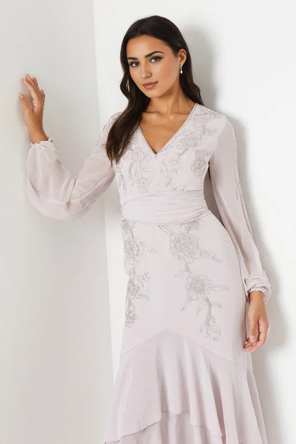 Floral Hand Embellished Maxi Dress V-Neck Long Sleeves Mother of the Bride Dresse