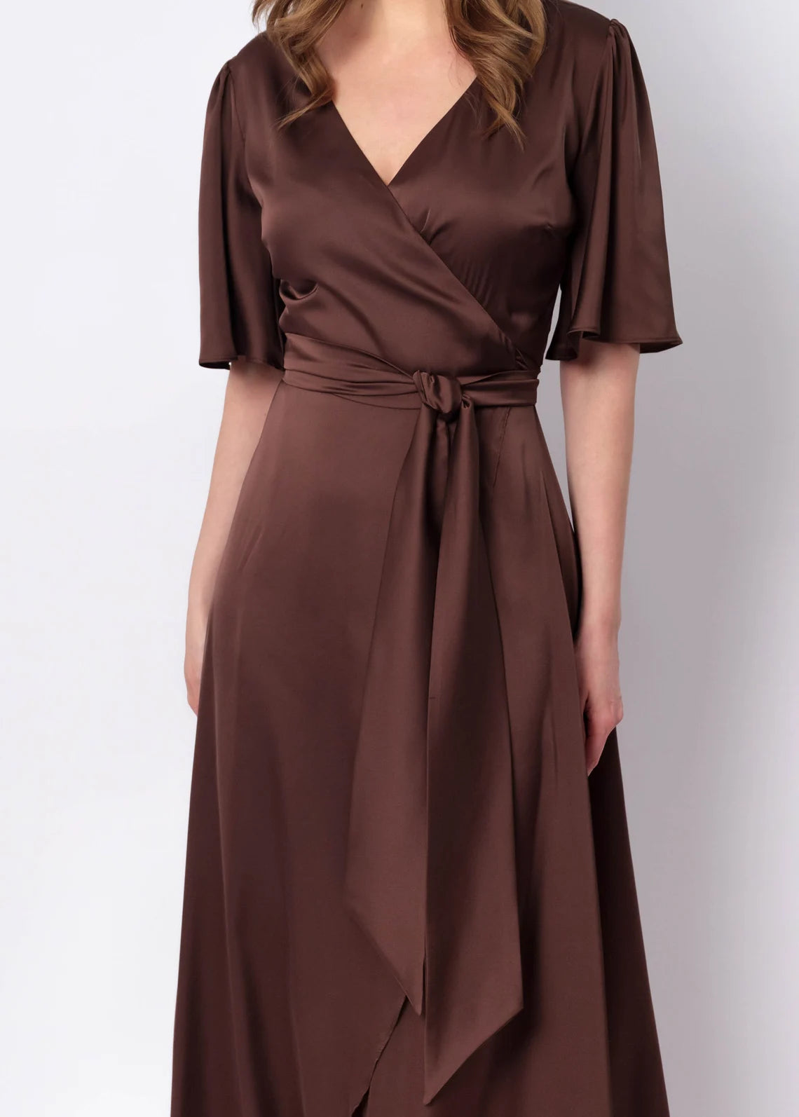 Choсolate Brown V-Neck Silk Dress Wrap Dress Bridesmaid Dress Wedding Guest Dress