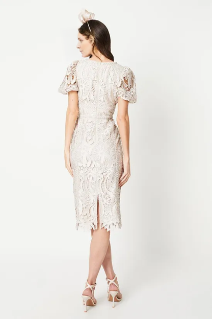 Satin Lace V-neck Pencil Dress With Puff Sleeve Lace Knee-length Mother of the Bride Dresse