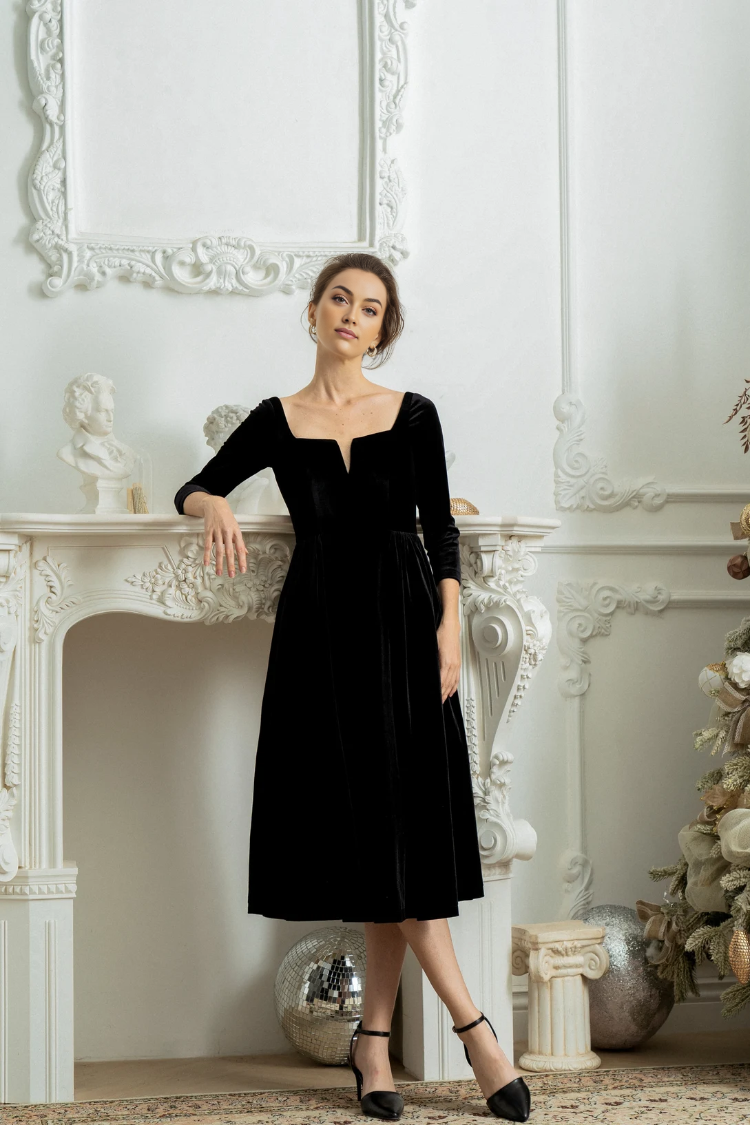 Wedding Guest Velvet Winter Vintage Dress Formal Cocktail Dress Long Sleeve Full Skirt Dress