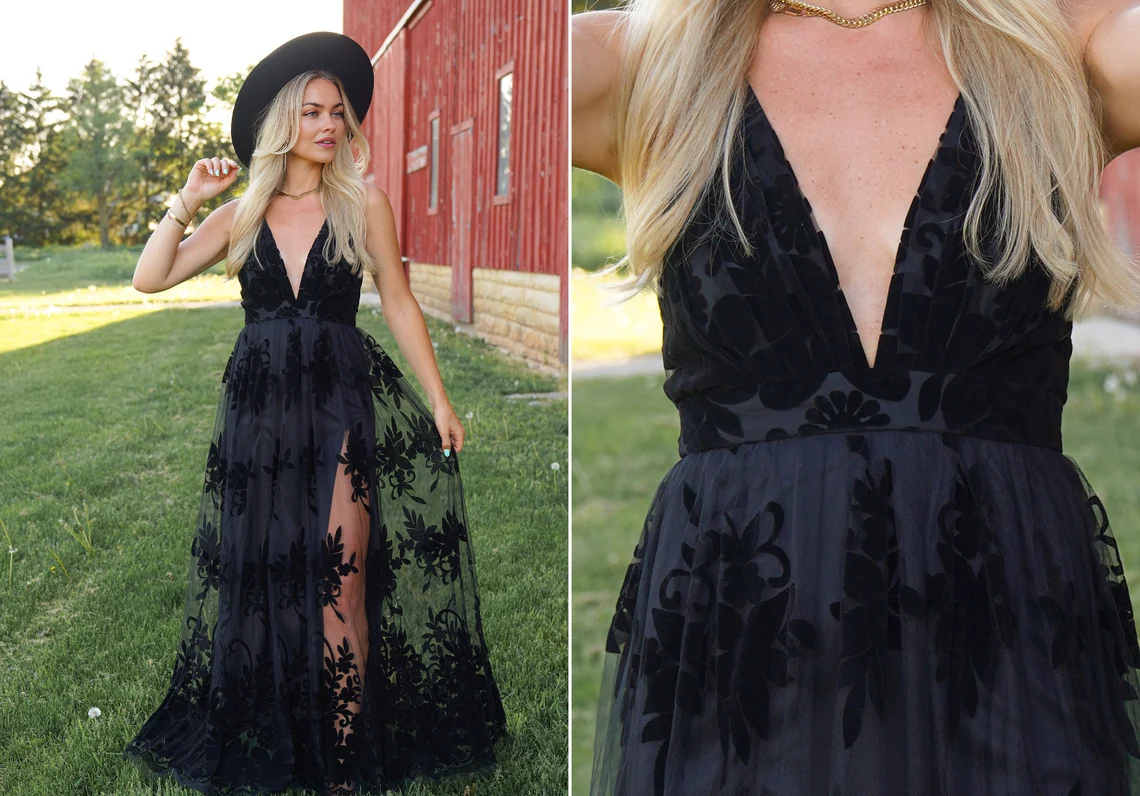 A-Line Deep V-Neck Velvet Tulle Black Wedding Guest Dress Maxi Dress Engagement Prom Dress