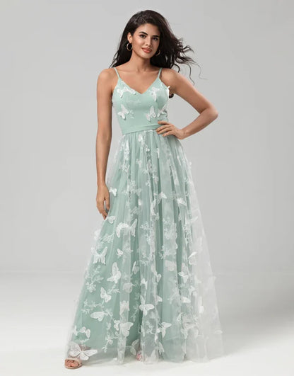 A Line Straps Matcha Long Bridesmaid Dress with Appliques