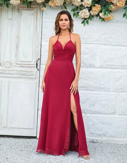 A Line Halter Burgundy Long with Split Front Bridesmaid Dress