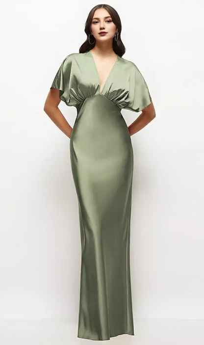 Plunge Neck Kimono Sleeve Satin Bias Maxi Dress Long Bridesmaid Dresses