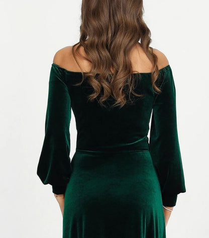 Emerald Green Velvet Dress Winter Bridesmaid Dress Off The Shoulders Wedding Guest Dress