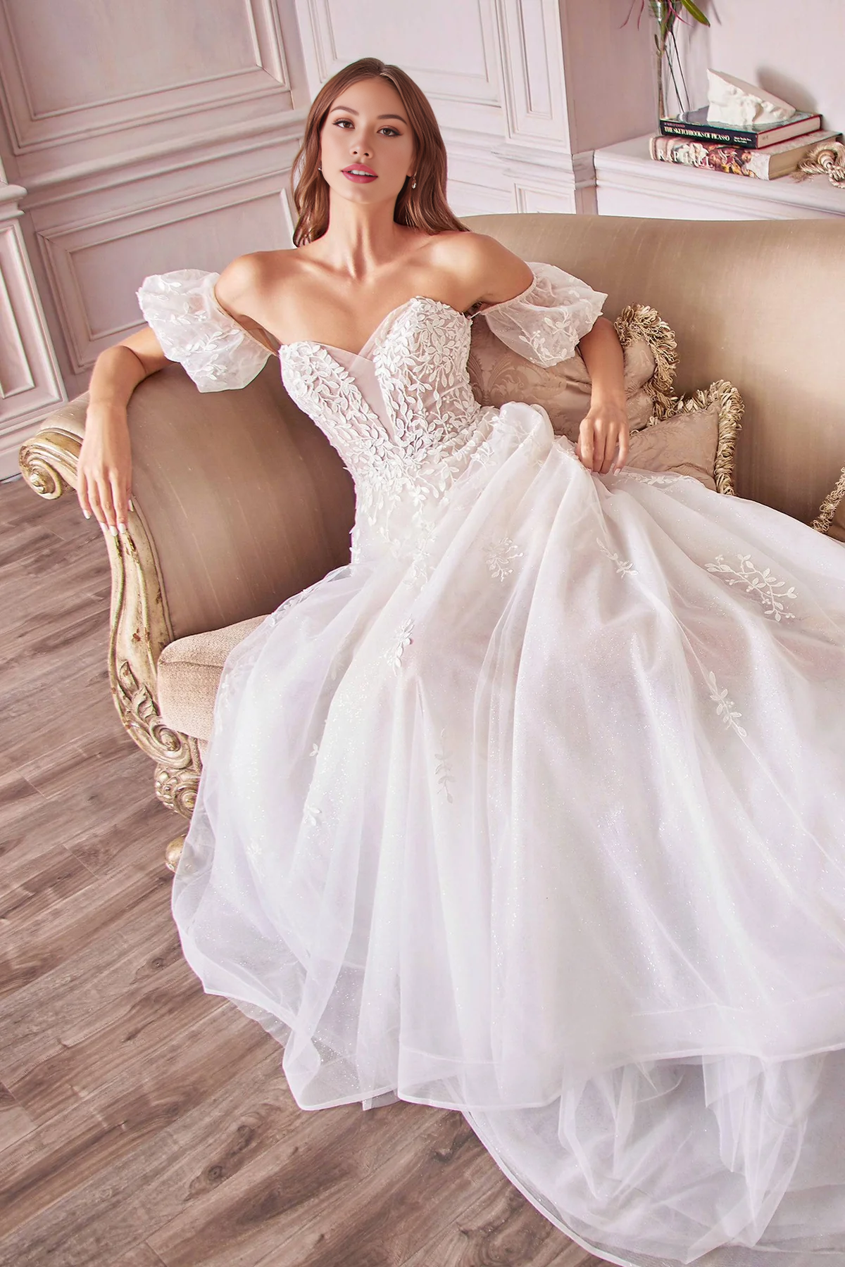 Off Shoulder Floral Lace Wedding Dress A-Line Gown with Flowing Train Removable Sleeve