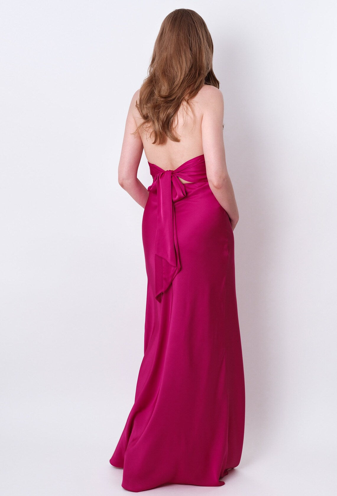 Fuschia Silk Satin Long Halter Open Back Bridesmaid Dress Wedding Guest Dress Evening Dress