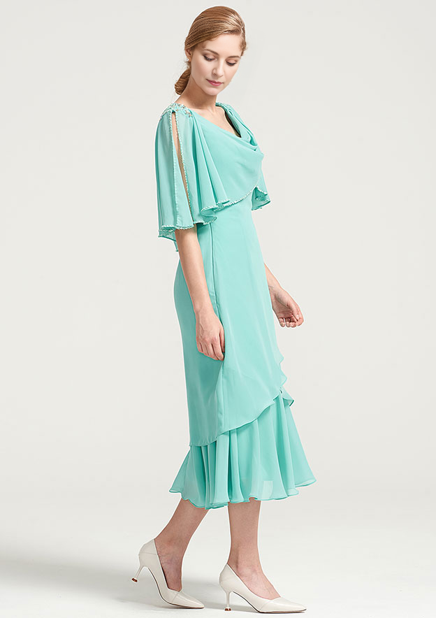 Tea-Length Chiffon Mother of the Bride Dress With Side Draping Crystal Detailing Ruffles