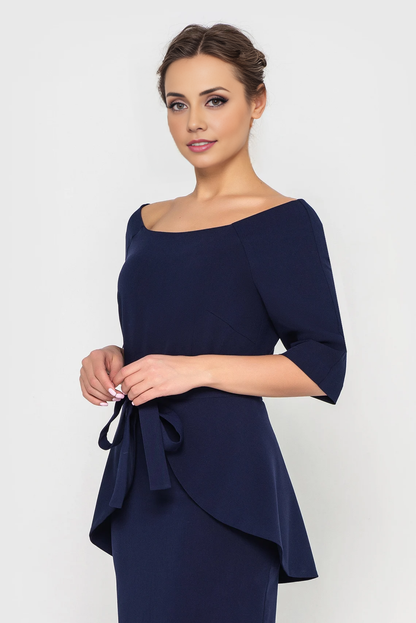 Navy Blue Boat Neck Pencil Dress With Removable Peplum Skirt Midi Dresses Mother Of The Bride Groom Dress Cocktail Dress